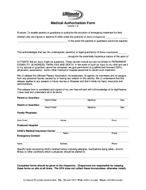 Medical Authorization Form for Ultimate Players Association