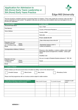 Application for Admission to BA (Hons) Early Years Leadership or Practice