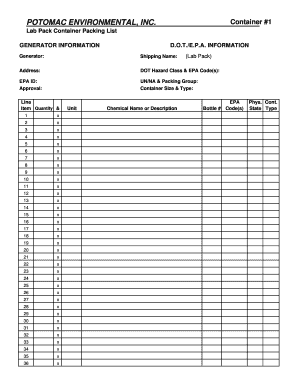 Lab Pack Container Packing List