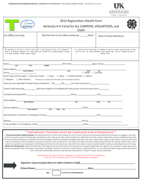 Kentucky 4-H Camp Health Form