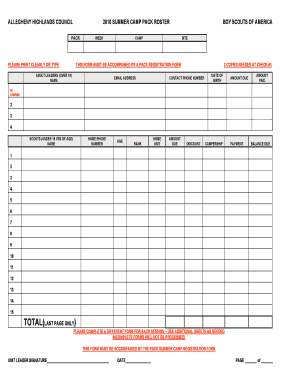 Boy Scouts of America Summer Camp Pack Roster