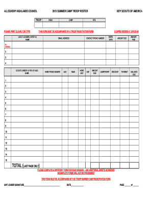 Boy Scouts of America Summer Camp Troop Roster