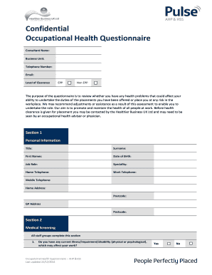 Occupational Health Questionnaire