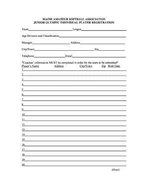 Maine Amateur Softball Association Junior Olympic Player Registration