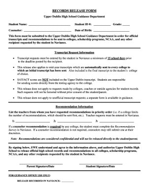 Upper Dublin High School Records Release Form