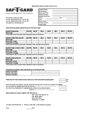 Metal Mesh Glove Repair Order Form