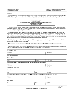 US DOJ Charge Form for Unfair Immigration-Related Employment Practices