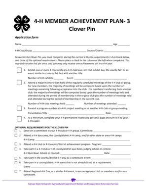4-H Clover Pin Achievement Plan Application