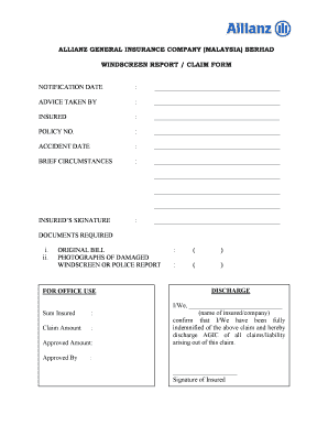 Allianz Malaysia Windscreen Claim Form