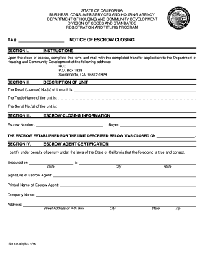 California Notice of Escrow Closing