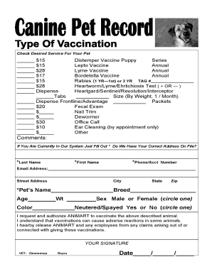 Pet Vaccination and Service Request Form