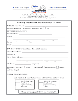 Great Lakes Region Volleyball Liability Insurance Certificate Request Form