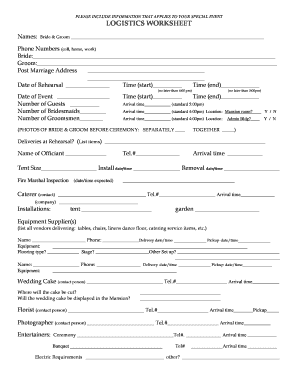 Wedding Logistics Worksheet