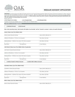 Oak Associates Funds Regular Account Application