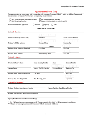 Metropolitan Life Insurance Appointment Form