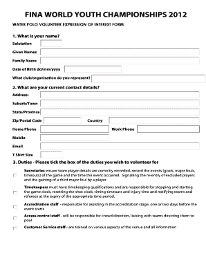 FINA World Youth Championships 2012 Volunteer Form