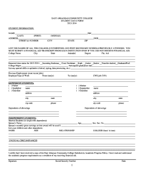 East Arkansas Community College Student Data Form