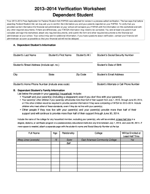 2013–2014 Verification Worksheet for Dependent Student