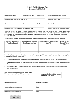 Child Support Paid Form (Independent Student)