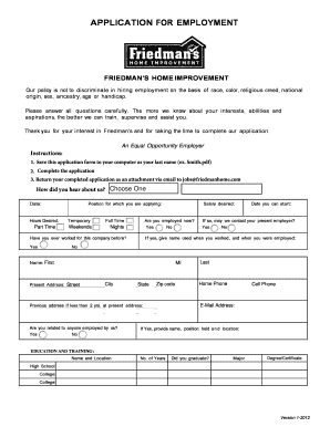 Friedman's Home Improvement Employment Application