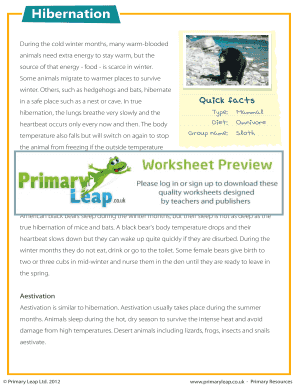 Fillable Online primaryleap co Reading comprehension - Hibernation -  Primary Leap Worksheets.. Year 6 English - Reading comprehension. Having  strong reading comprehension skills will also help in other subjects. This  KS2 reading