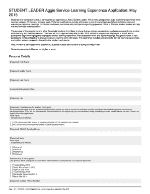 Fillable Online STUDENT LEADER Aggie Service-Learning Experience ...