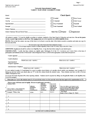 University Interscholastic League Varsity Team Sport Eligibility Form