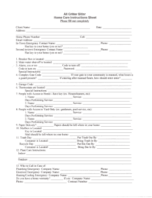 All Critter Sitter Home Care Instructions Sheet
