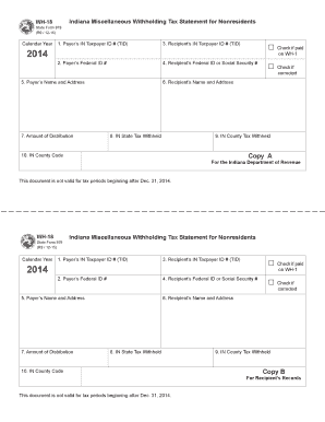 Indiana WH-18 Miscellaneous Withholding Tax Statement