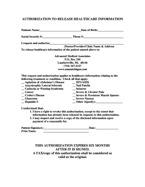 AUTHORIZATION TO RELEASE HEALTHCARE INFORMATION Patients Name: Date of Birth: Social Security #: Phone #: I request and authorize (Doctor/Provider/Clinic Name &amp