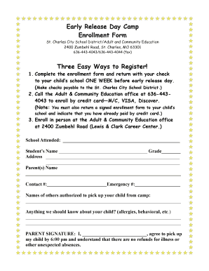 Early Release Day Camp Enrollment Form