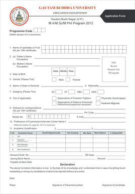 Gautam Buddha University M.A/M.Sc/M.Phil Application Form