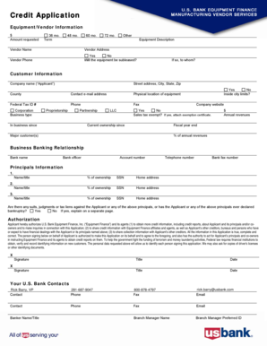 US Bank Equipment Finance Credit Application