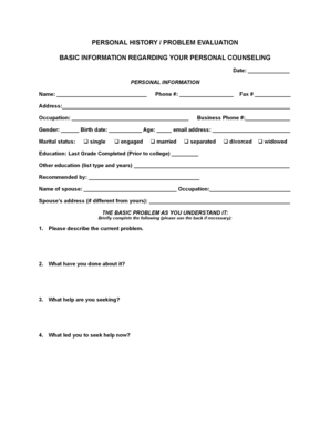 Personal History Problem Evaluation Form