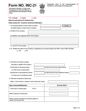 Form INC-21 Declaration Before Commencement of Business