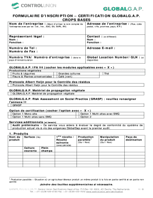FORMULAIRE D’INSCRIPTION – CERTIFICATION GLOBALG.A.P.