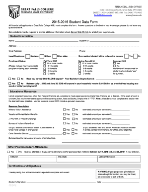 2015-2016 Student Data Form