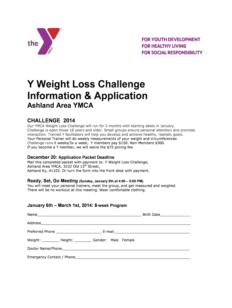 Fillable Online ashlandareaymca 2014 Y Weight Loss Challenge Info and