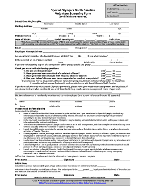 Special Olympics North Carolina Volunteer Screening Form