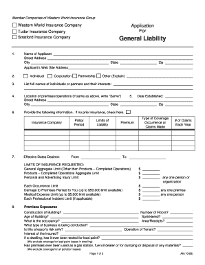 Western World Insurance General Liability Application