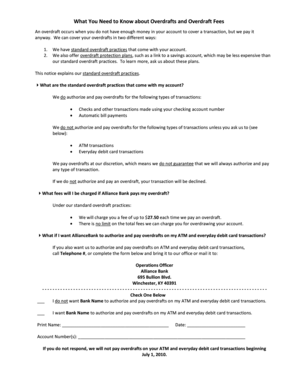 Alliance Bank Overdraft Notice and Consent Form