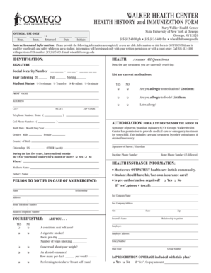 SUNY Oswego Health History and Immunization Form
