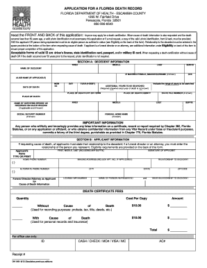 APPLICATION FOR A FLORIDA DEATH RECORD FLORIDA DEPARTMENT OF HEALTH - ESCAMBIA COUNTY 1295 W - escambia floridahealth