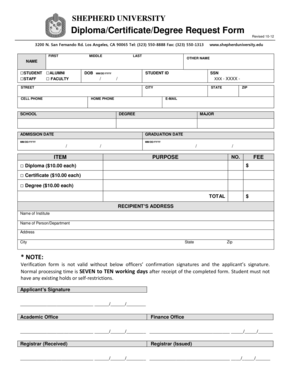 F-18 Diploma, Certificate, Degree Verification Form 10-12 - shepherduniversity