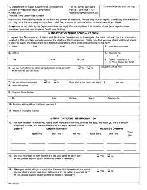 New Jersey Mandatory Overtime Complaint Form