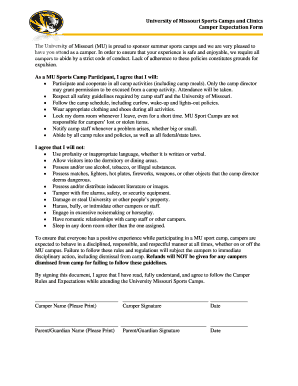 University of Missouri Sports Camps Camper Expectation Form