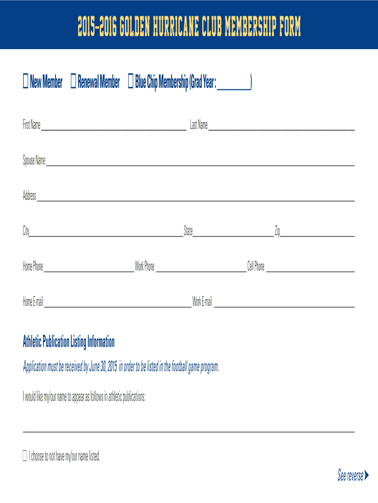 Fillable Online 2015 2016 GOLDEN HURRICANE CLUB MEMBERSHIP FORM Fax ...