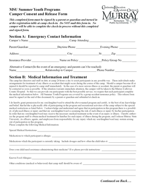 MSU Summer Youth Programs Camper Consent and Release Form