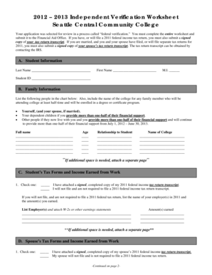 2012-2013 Independent Verification Worksheet