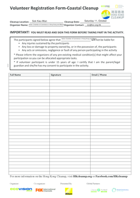 Volunteer Registration Form - Coastal Cleanup
